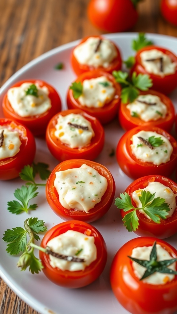 Spicy Tomato Uzi Bites Recipe A colorful platter of stuffed cherry tomatoes with creamy filling, garnished with parsley on a wooden table.